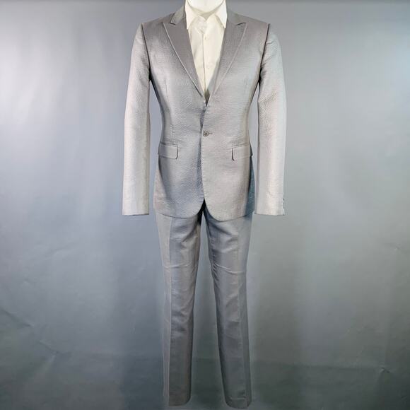 CALVIN KLEIN COLLECTION Size 38 Grey Textured Cotton Blend Peak Lapel Suit - Picture 2 of 16
